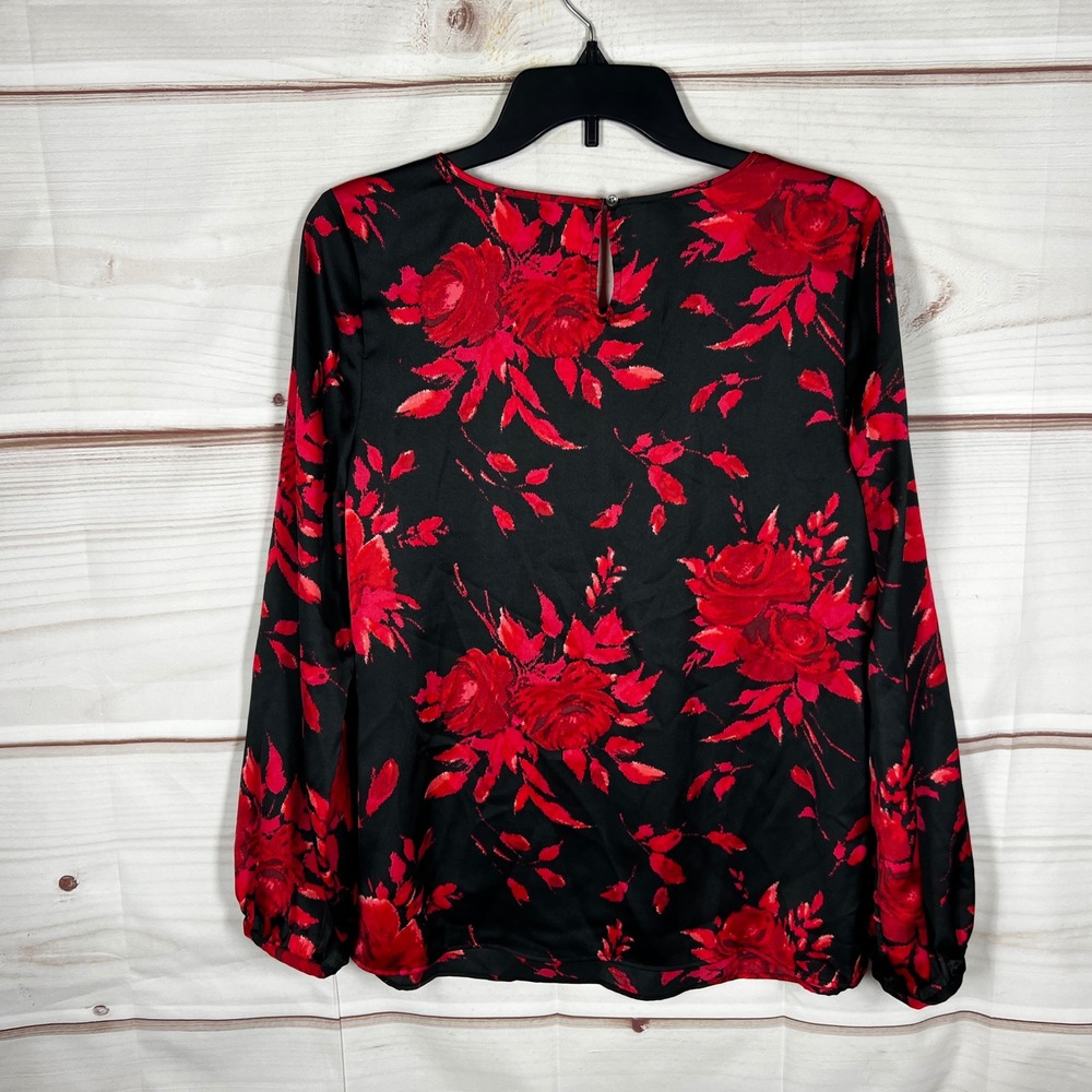 Talbots Floral Blouse Womens Small Black Red Rose Satin Long Sleeve Keyhole Neck - Picture 8 of 9